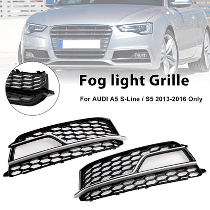 2013-2016 Audi A5 S-Line S5 Black Front Fog Lamp Grill Grille — Pair (8T0807681K / 8T0807682K)