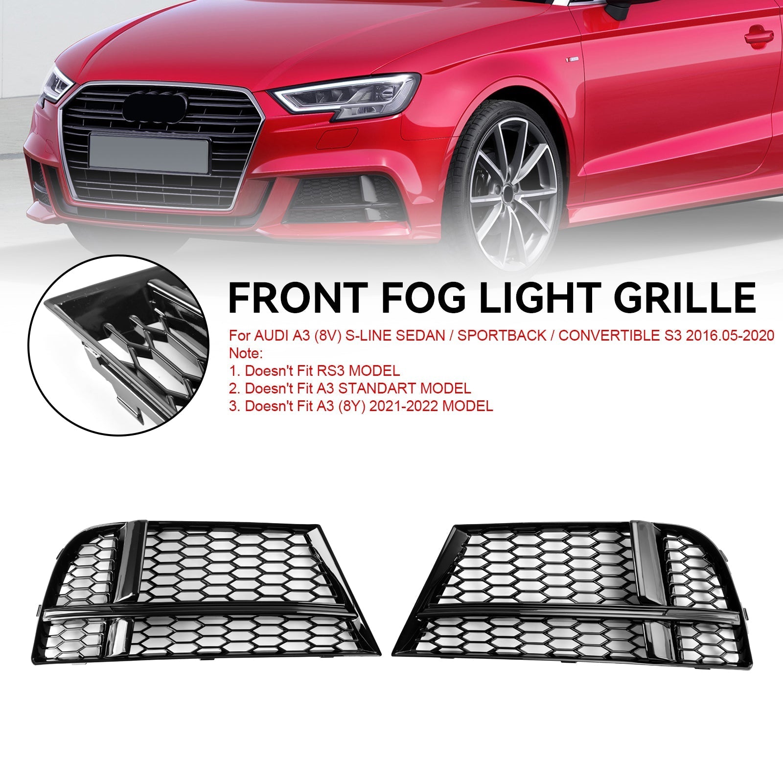 2016-2020 Audi A3 8V S-Line Front Fog Light Cover Bezel Grille — Pair (8V3807681AE / 8V3807682Q)