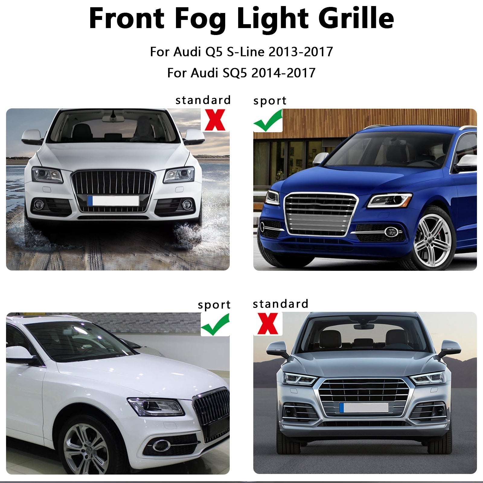 2013-2017 Audi Q5 S-Line SQ5 Black Chrome Front Bumper Fog Light Grille — Pair (8R0807682N / 8R0807681S)