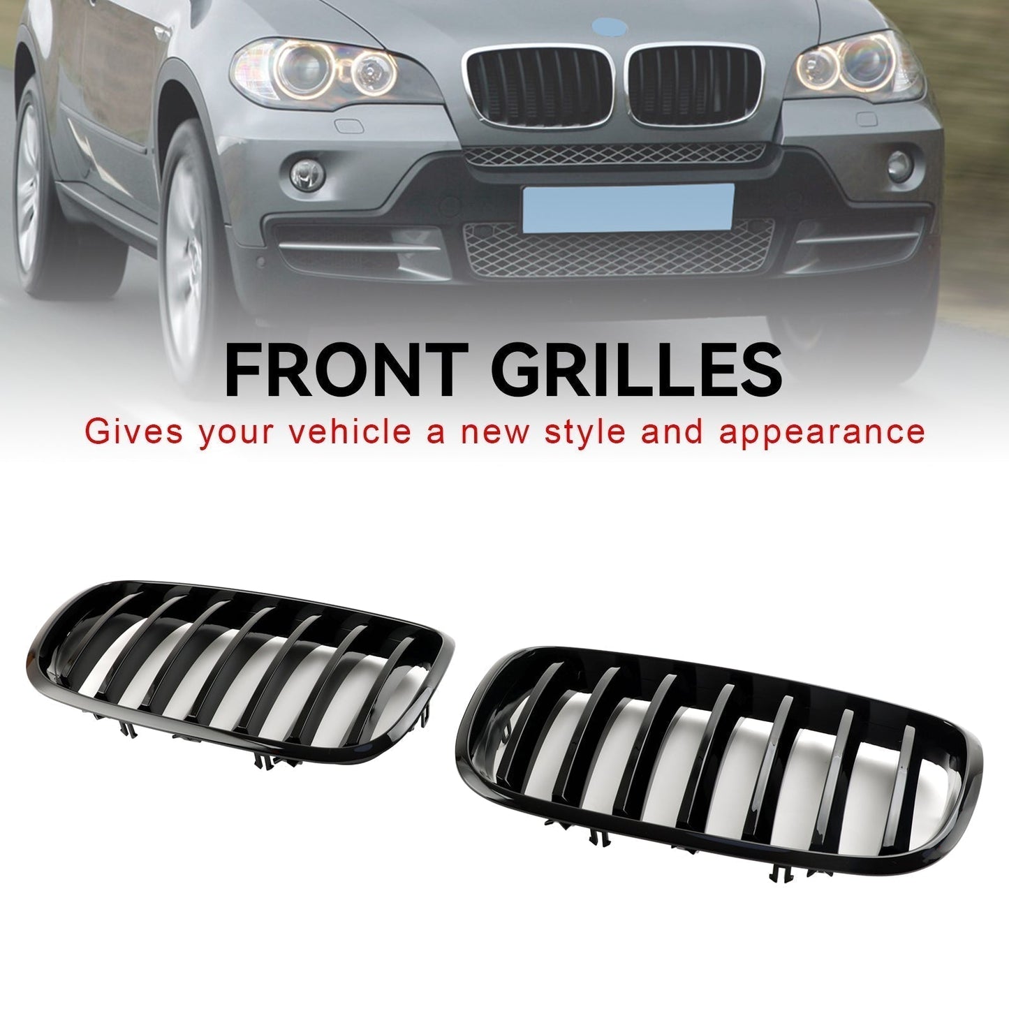 2008-2011 BMW X6 Hybrid E72 Gloss Black Front Bumper Kidney Grille — Pair (51137157687 / 51137305589)