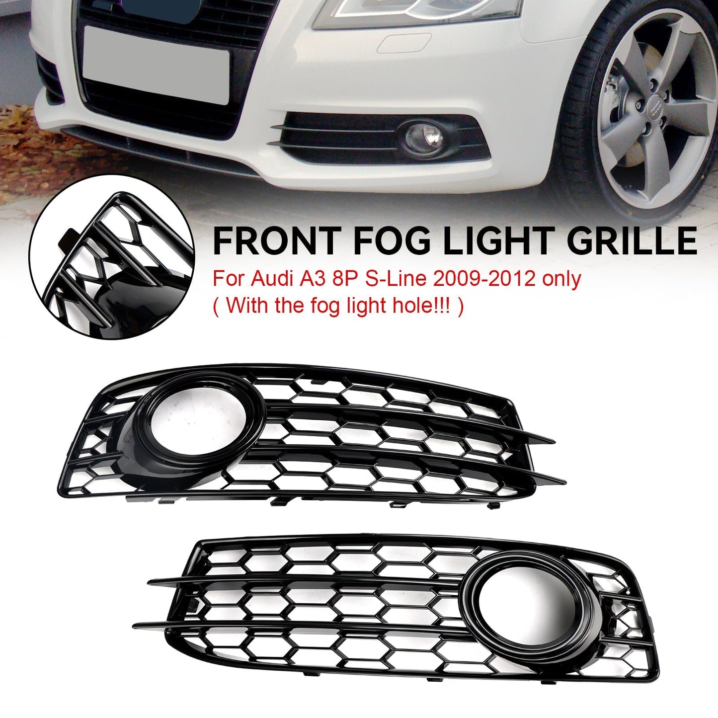 2009-2012 Audi A3 8P S-Line Honeycomb Front Bumper Fog Light Grill Cover