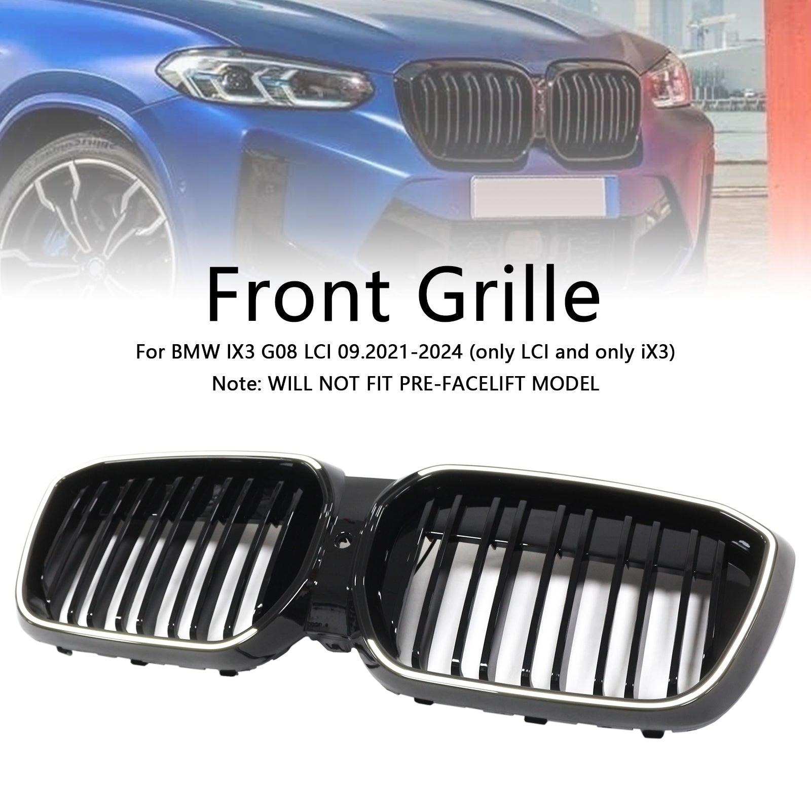 2022-2024 BMW iX3 G08 LCI Double Slat Gloss Black Front Kidney Grille