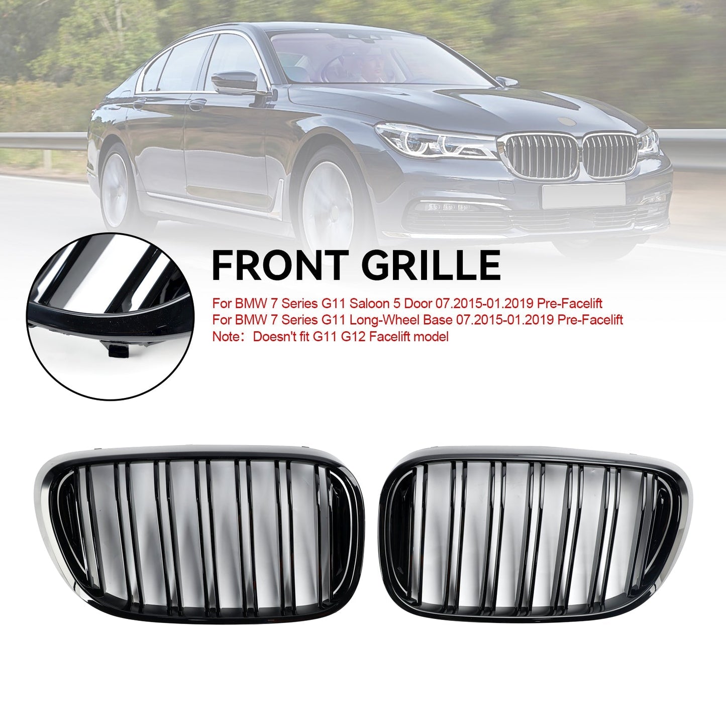 2015-2019 BMW 7 Series G11 Long-Wheelbase Pre-Facelift Black 2-Slat Front Kidney Grille