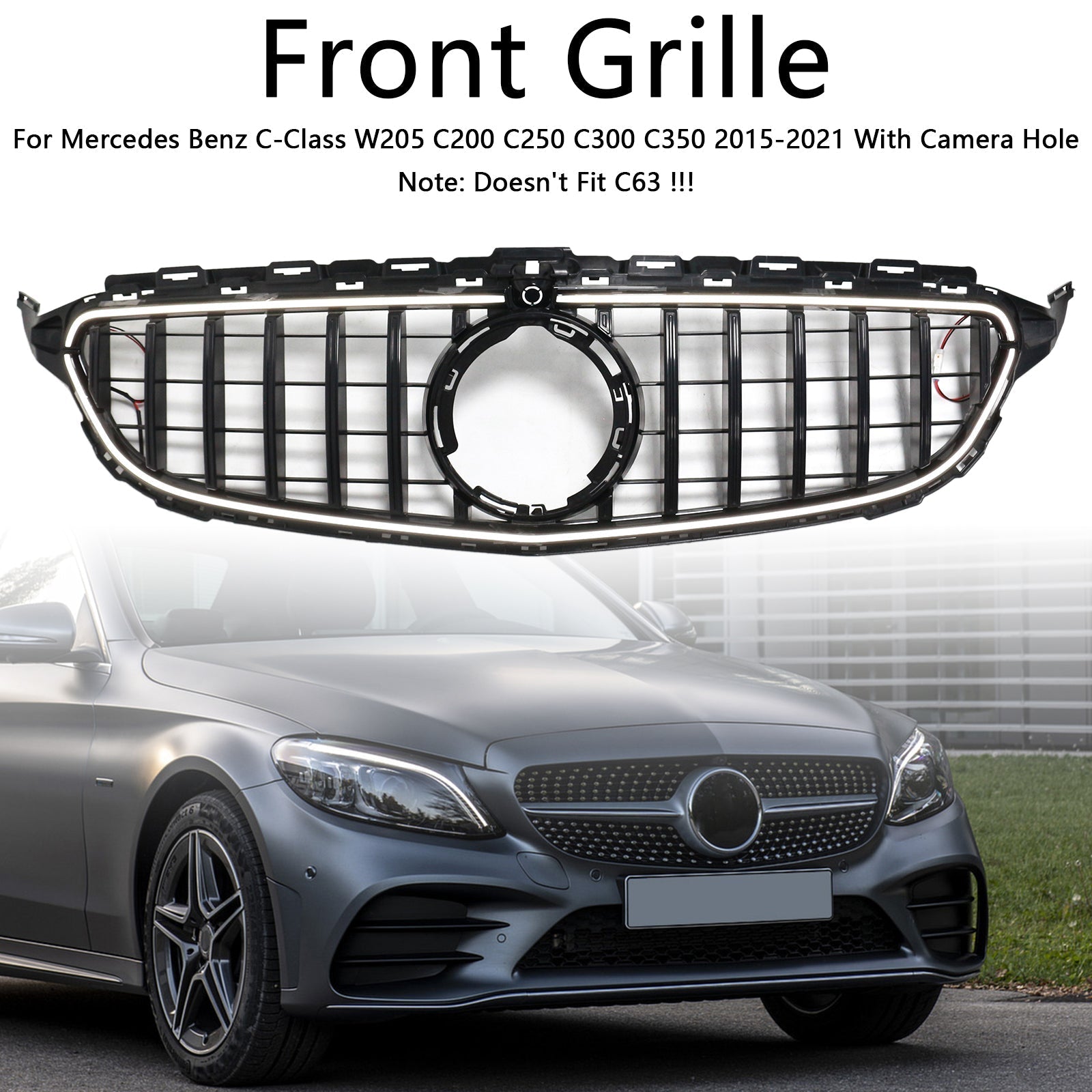 2015-2021 Mercedes-Benz C-Class W205 C200 C250 C300 C350 Black Front Bumper Grille with LED