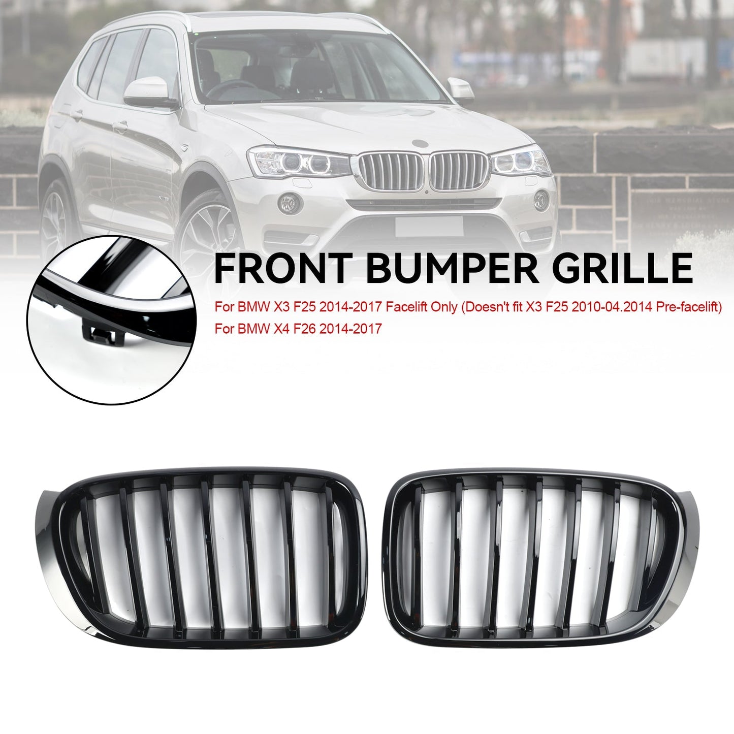 2014-2017 BMW X4 F26 Facelift Gloss Black Front Bumper Kidney Grille