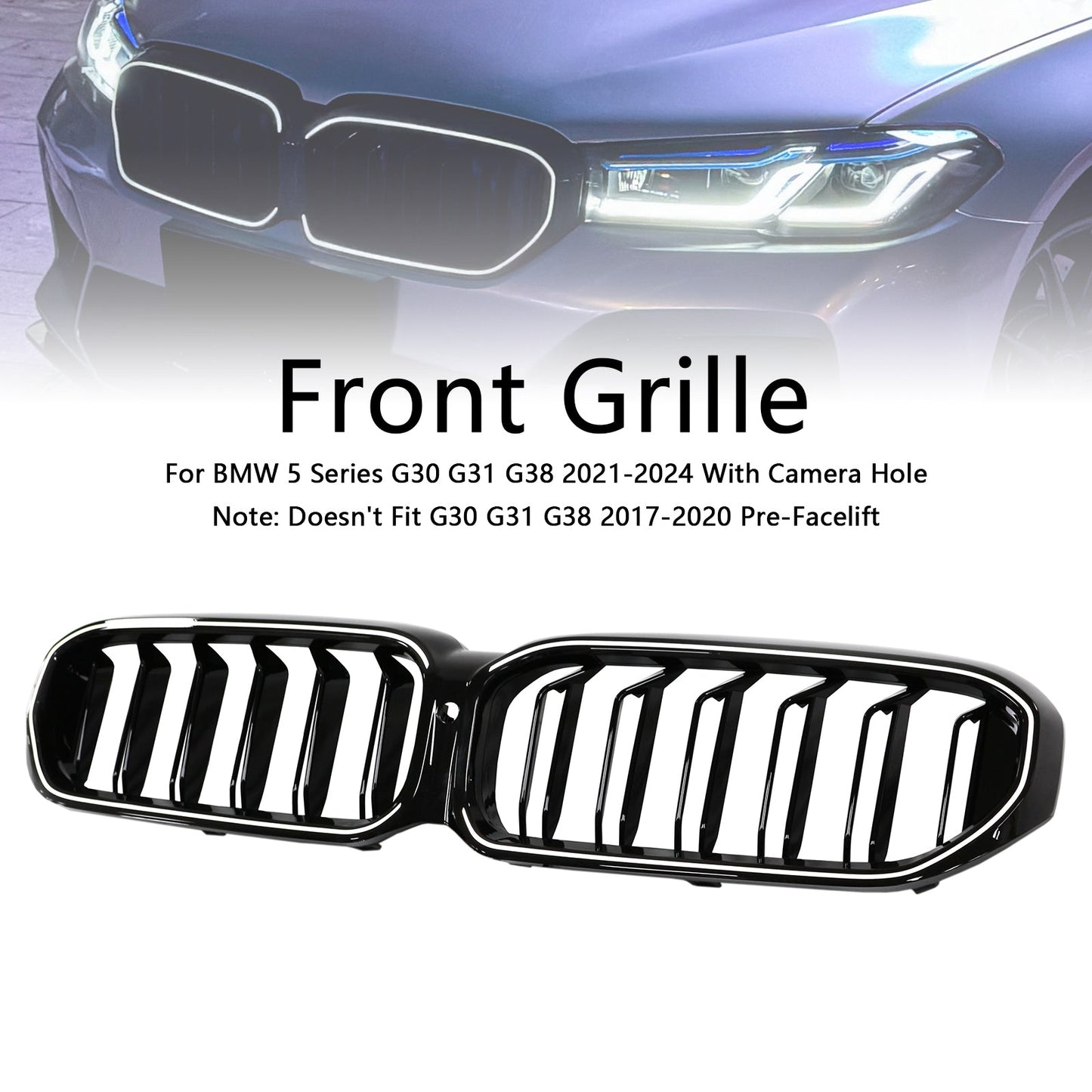 2021-2024 BMW 5 Series G30 G31 G38 Double Slat Gloss Black Front Kidney Grille