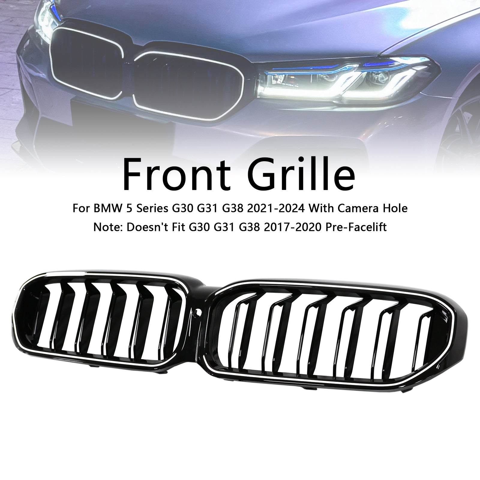2021-2024 BMW 5 Series G30 G31 G38 Double Slat Gloss Black Front Kidney Grille
