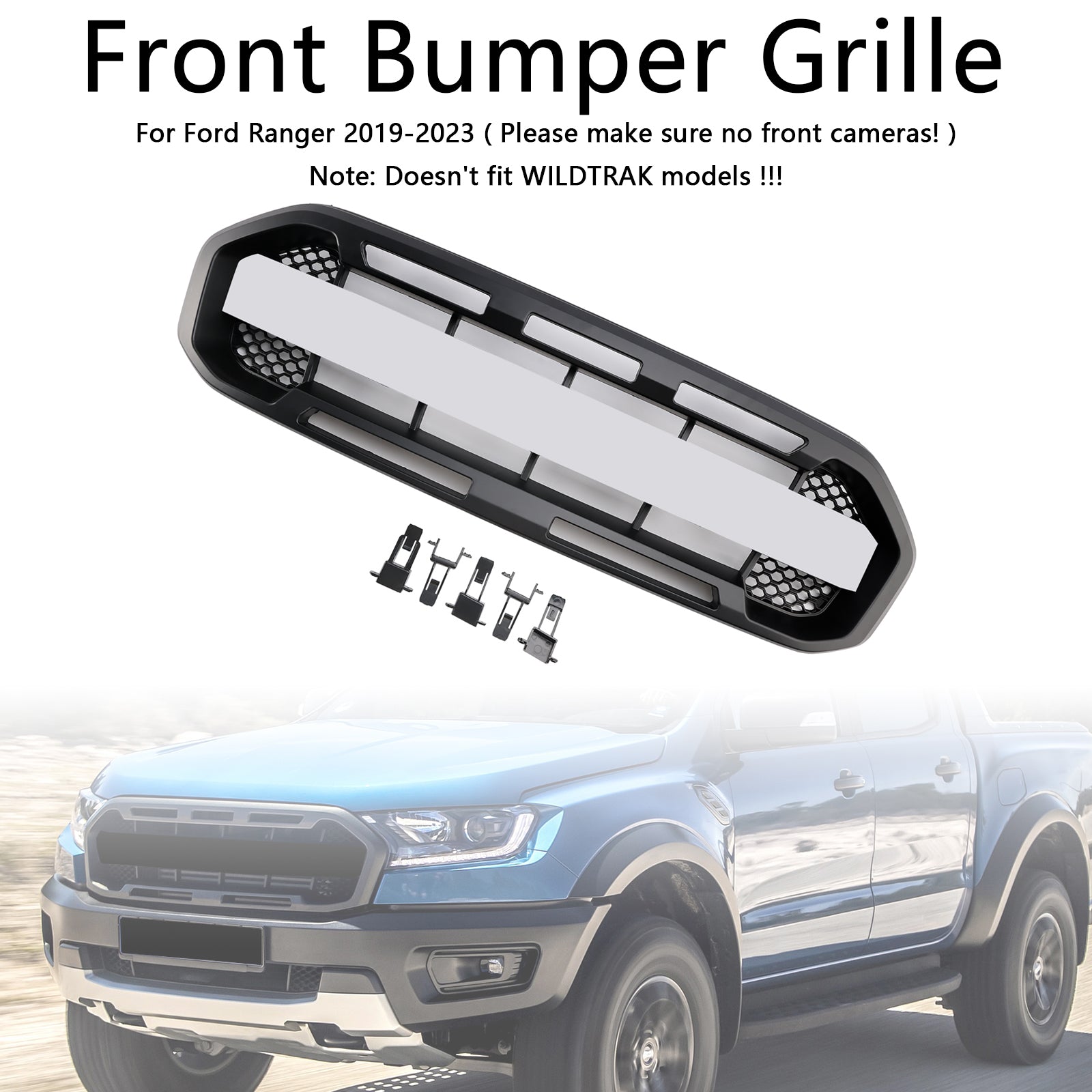 2019-2023 Ford Ranger no front cameras Black Raptor Style Front Bumper Grille Grill Generic