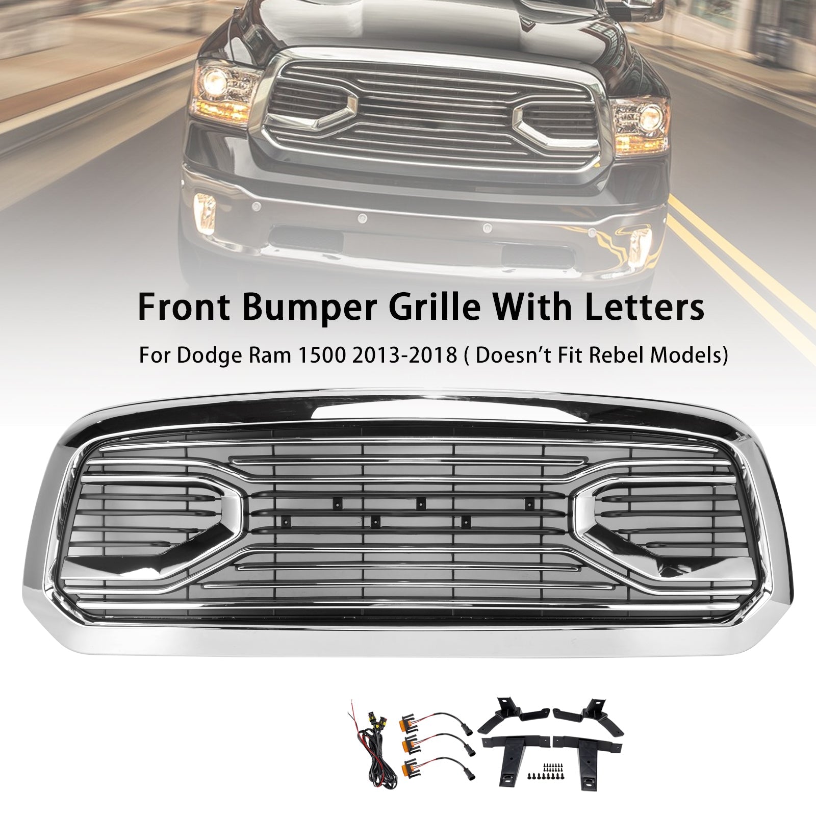 2013-2018 Dodge Ram 1500 Big Horn Style Chrome Front Bumper Grille