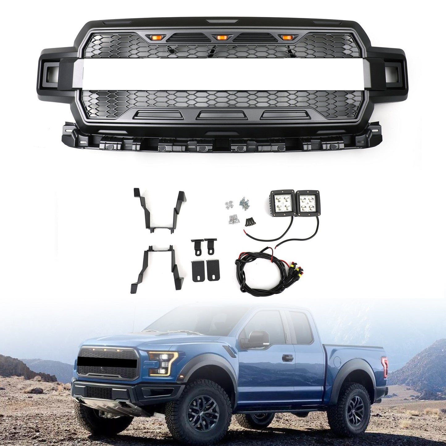 F150 2018-2020 Raptor Style Honeycomb Grill With Amber LED Grille Replacement Kit